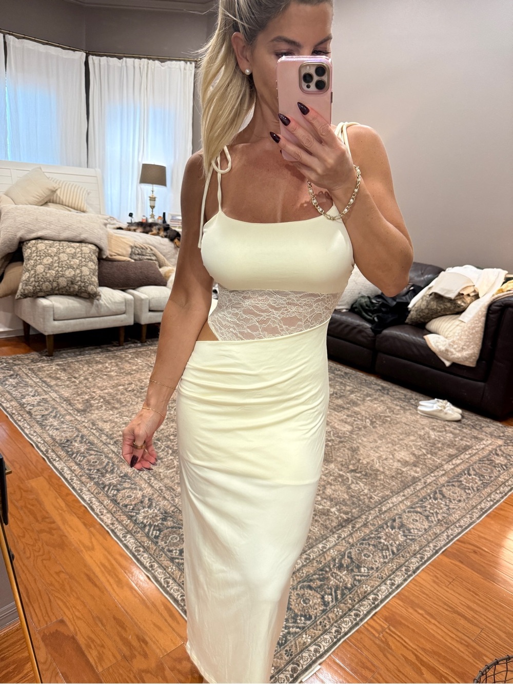 Pale yellow Lace-Panel Slip Dress